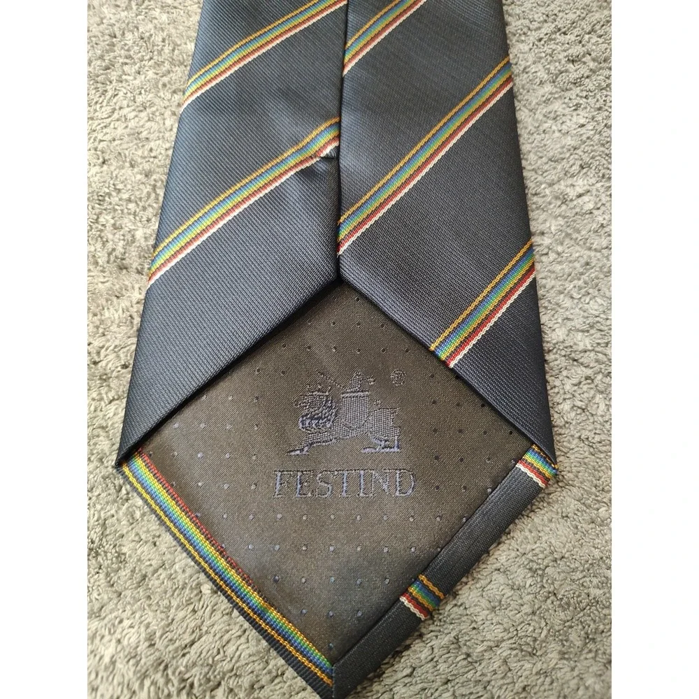 Festive Navy Blue Striped Rainbow Printed‎ Silk Tie Handmade